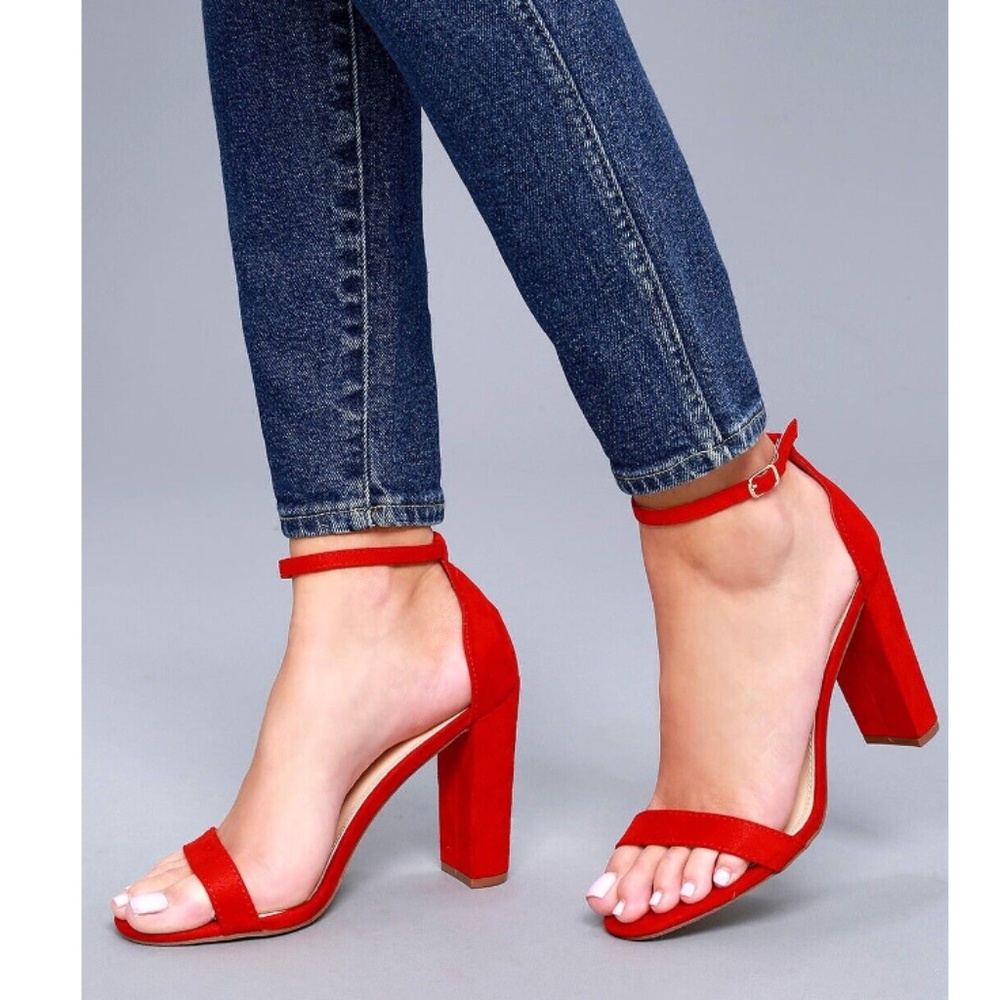 Lulus Taylor Red Vegan Suede Ankle Strap Open Toe Block Heels Size 8.5 *NIB*
